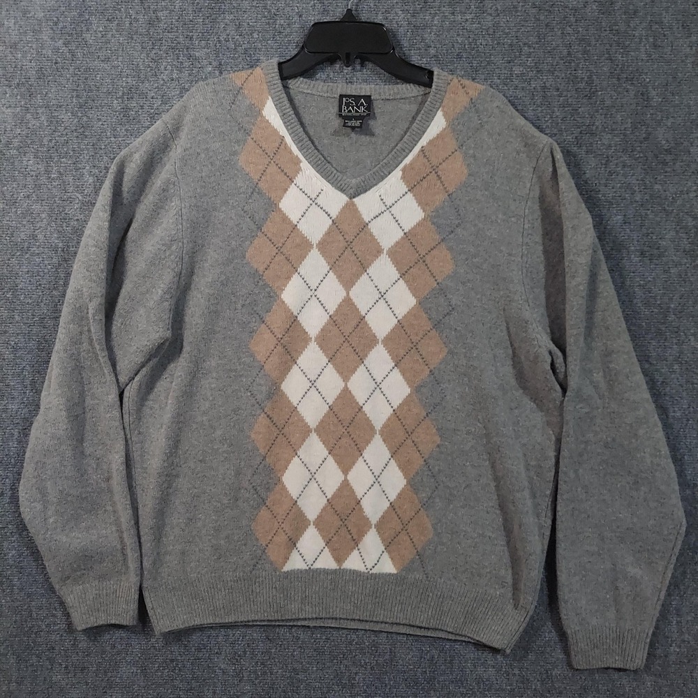 Jos A‎ Bank Sweater Mens Large Gray Argyle V Neck Lambswool Blend Pullover Knit